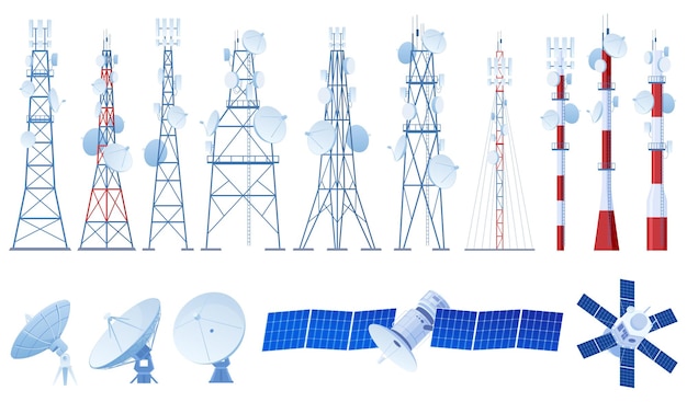 A set of various radio towers, antennas, satellites. 5G. Internet, Radio signal. Vector illustration