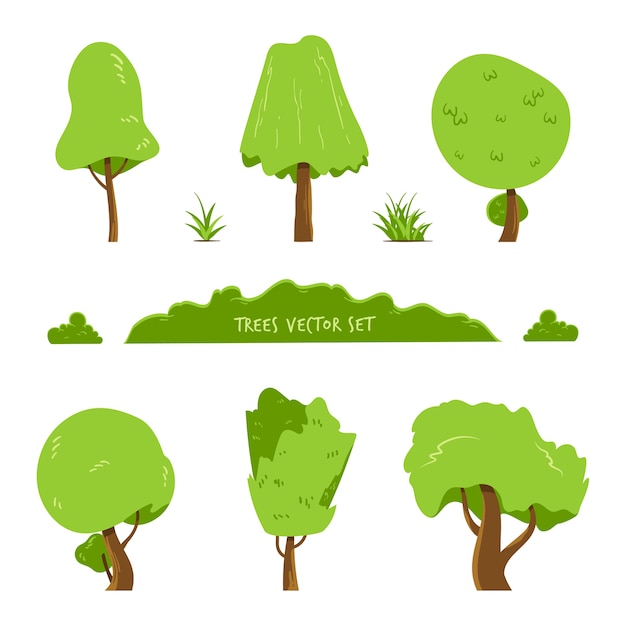 Set of various shape trees white background.