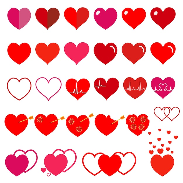 Set of various simple red hearts Flat design