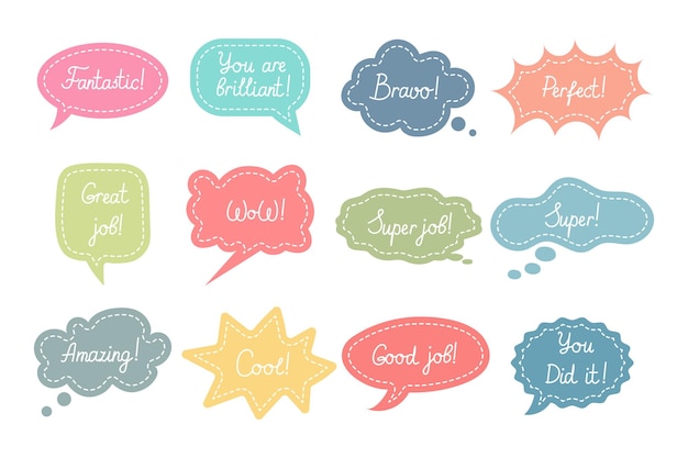 Set of various stickers speech clouds Job and Great job School award encouragement stamp