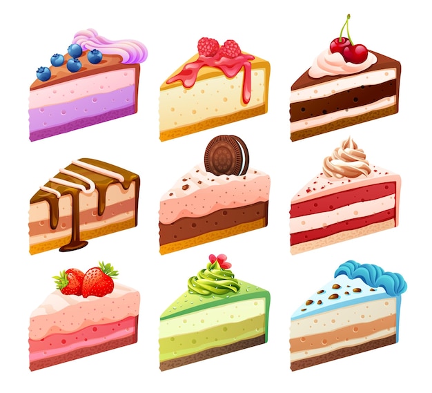 Set of various sweet cake pieces cartoon illustration