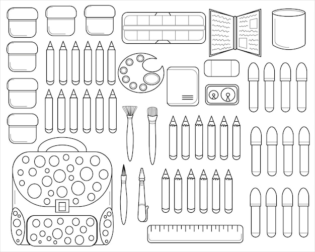 Set of various things for school Gouache wax crayons aquarelle notebook markers pencils brushes fountainpen backpack ruler eraser sharpener container for water book palette