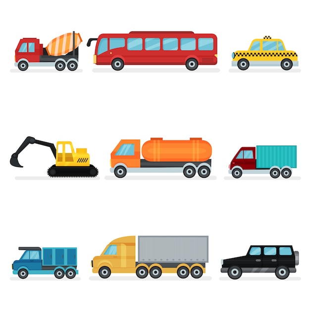   set of various urban transport. Motor vehicles for passengers, industrial machinery and service cars