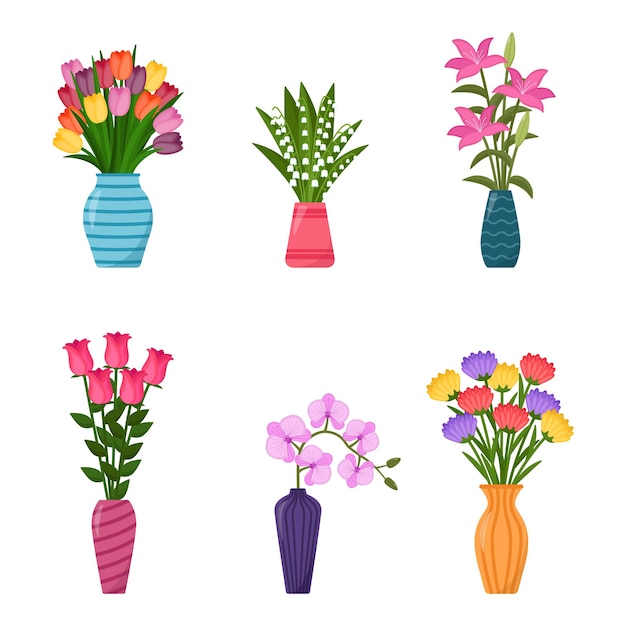 Set of vases with flowers. Collection of flower bouquets in vases, vector illustration