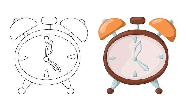 Set of vector Alarm Clocks isolated on white background in line art flat color cartoon style