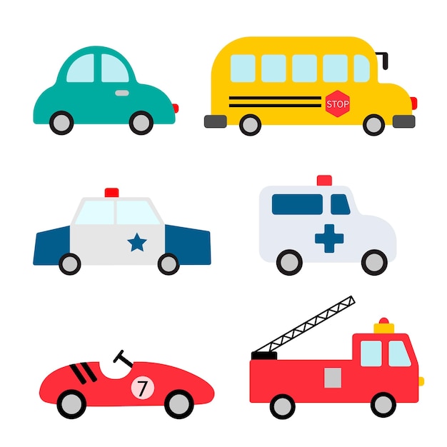 Set of vector Baby city cars isolated on white, fire engine, ambulance, police, school bus and racing