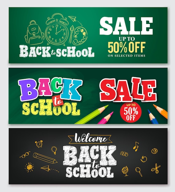 Set of vector banner back to school designs with colorful elements and text in green and black