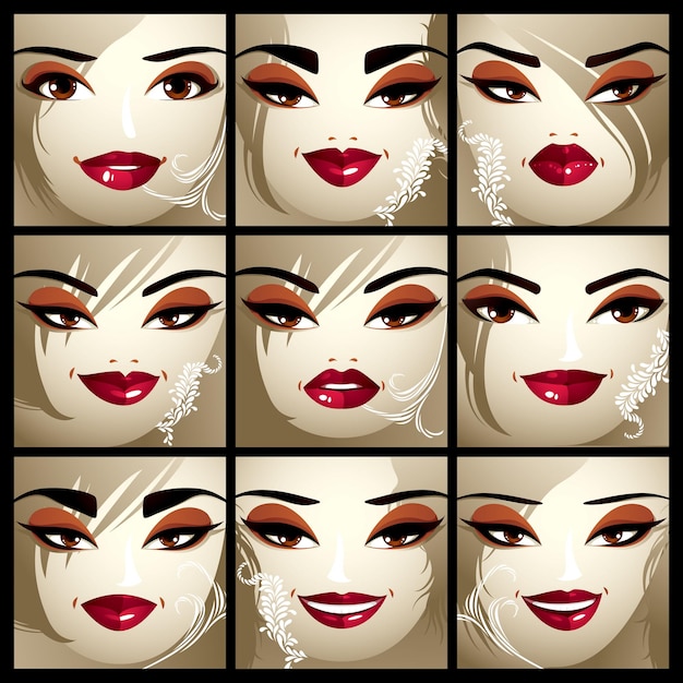 Set of vector beautiful female portraits with stylish makeup and haircut. Women face features expressing different emotions.