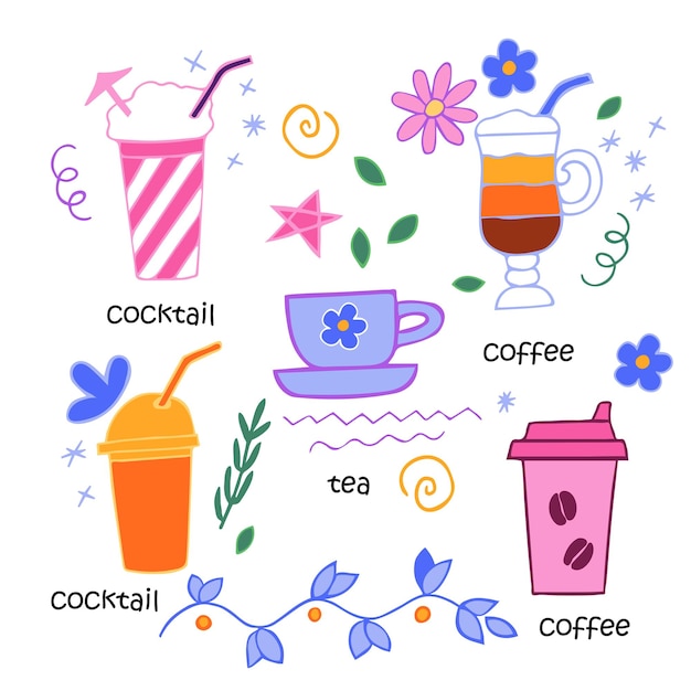 Set of vector beverages, flowers, stars and decorative elements in cartoon style isolated