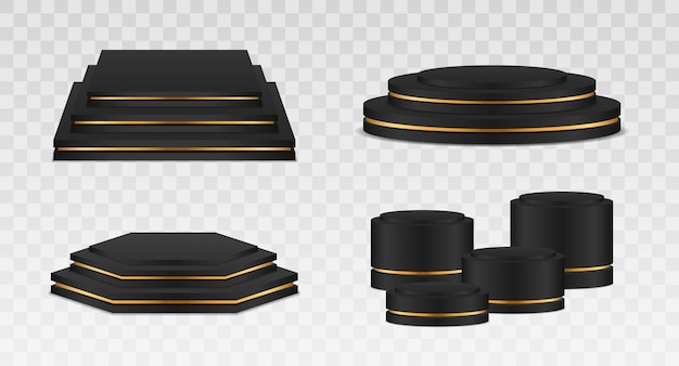 Vector set of vector black podiums pedestals or platforms background for product presentation