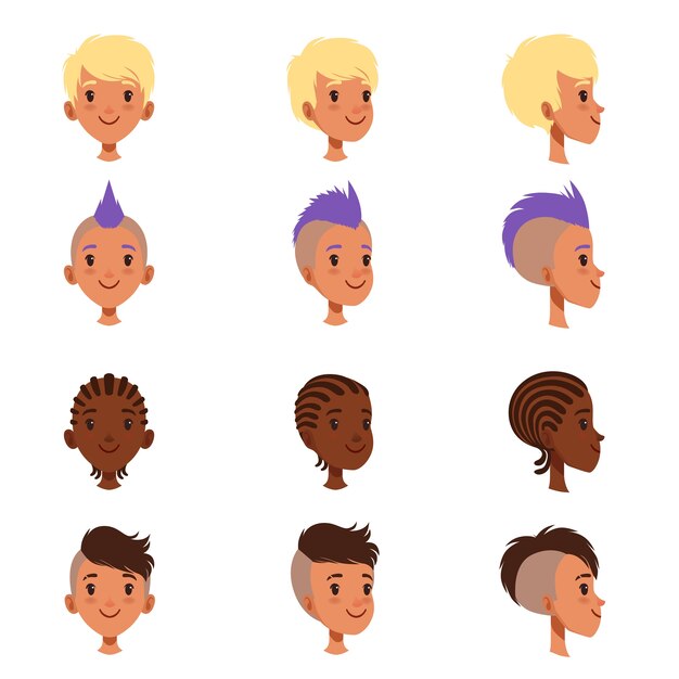 Vector set of vector boys head faces with different hairstyles