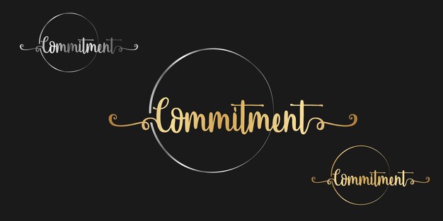 Set of Vector calligraphy phrase Commitment text isolated circle in gold color with black background