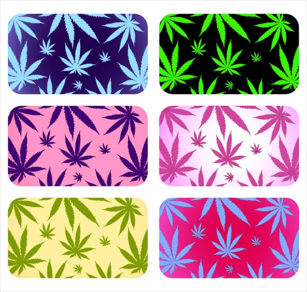 Vector set of vector cannabis leaves patterns, bright prints with marijuana, cannabis weed art for smokers