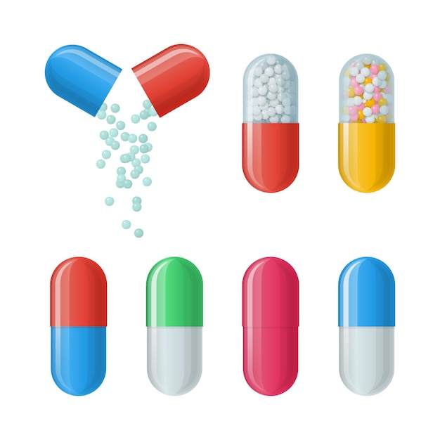 Set of vector capsules Icons of medications Pharmaceutical tablets painkillers antibiotics vitamins and aspirin Pharmacy and drug symbols Medical illustration on white background