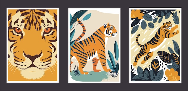 Set of vector cards with tigers leopard and tropical leaves