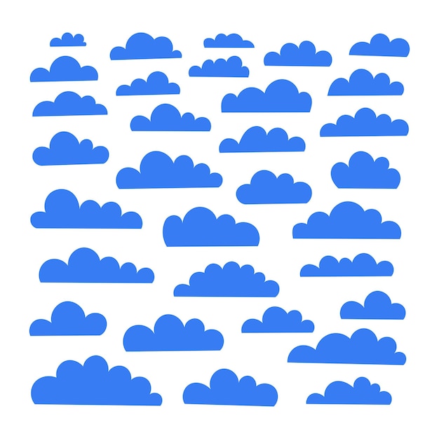 Set of vector cartoon blue clouds on white background Set of hand drawn cartoon sky