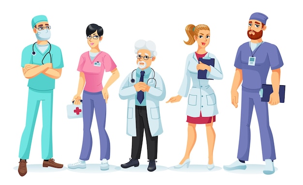 Set of vector cartoon flat doctor characters and nurses in uniform