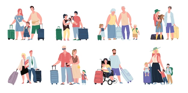 Set of vector cartoon flat happy families travelers characters,parents and kids with wheeled suitcases and other luggage-family tourism,vacation and travel concept,web site banner ad design