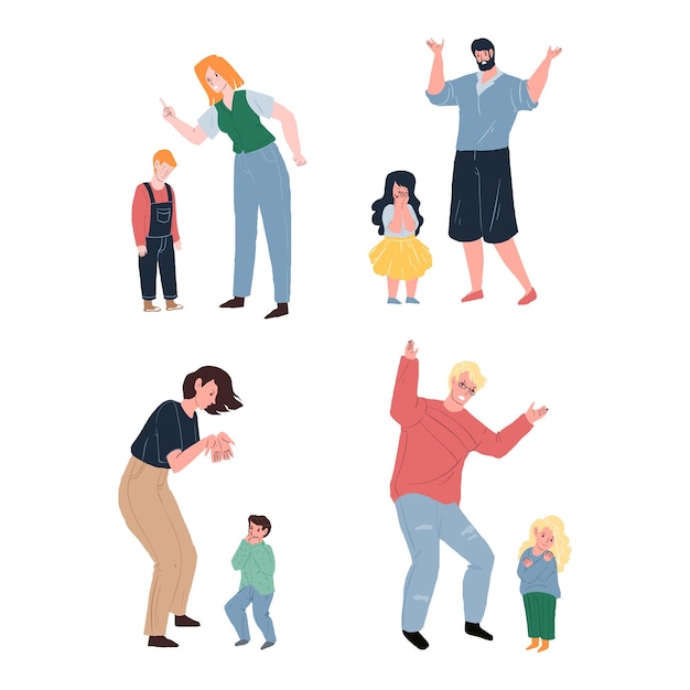 Set of vector cartoon flat parent character swears,yells at upset crying child.Healthy family relationships,emotions,social behavior,conflict resolution psychology concept,web site banner ad design