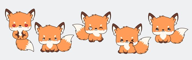 Vector set of vector cartoon fox illustrations collection of kawaii isolated animal art