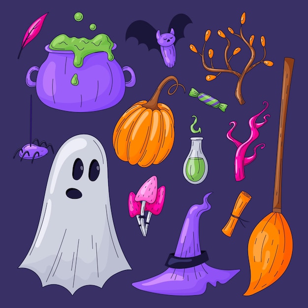 Set of vector cartoon Halloween isolated images. Children bright stickers of ghosts, bat, pumpkin and witch accessories.