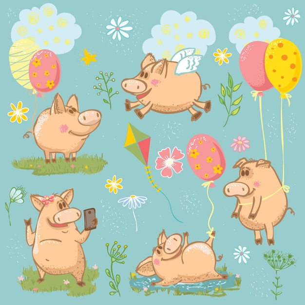 Set of vector cartoon illustration cute pigs in different poses for you design cartoon character