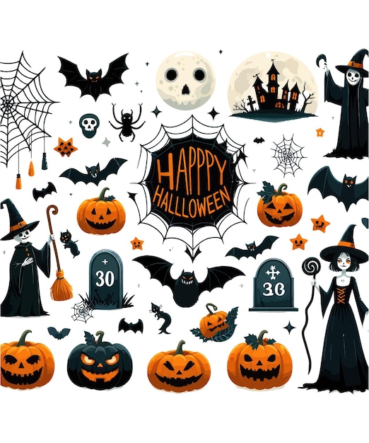 Set of vector characters and icons for Halloween in cartoon style Traditional elements of Halloween