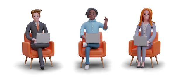 Set of vector characters of office workers Men and women sitting with laptops in chairs