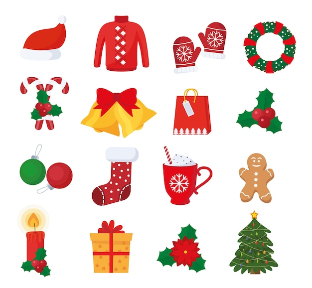 Set of Vector Christmas Icons. Gift, Pine, Ball, Santa, Candle, Gingerbread Man, Candy, Bell, Mistletoe Wreath and such Things. Isolated on White Background.