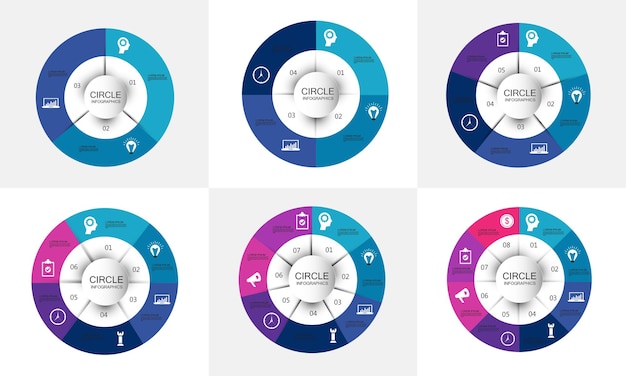 Set of vector circle infographic chart templates 3 4 5 6 7 8 parts