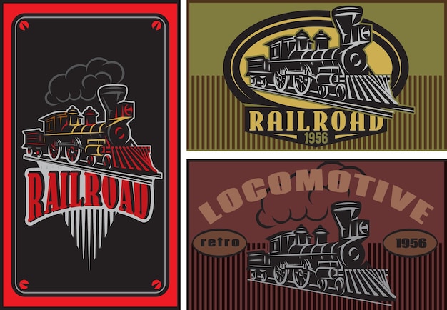 Vector set of vector colored business cards templates with retro locomotives