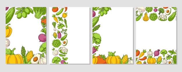 Vector set of vector colorful vertical posters a4 various border frame veggies icons fresh healthy farm