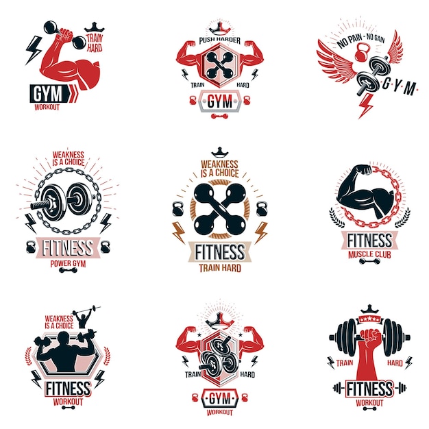 Set of vector cross fit and fitness theme emblems and motivational posters created with dumbbells, barbells, kettle bells sport equipment and muscular athlete body silhouettes.