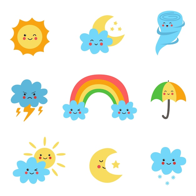 Set of vector cute kawaii weather elements. Collection of childish illustrations.