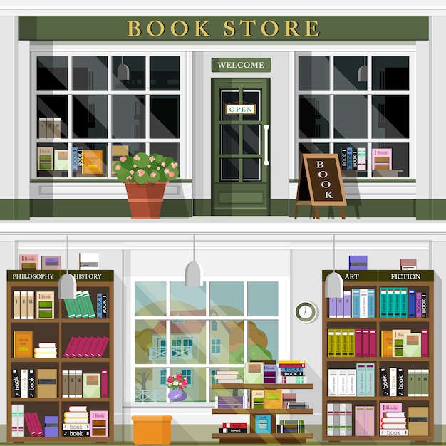 Set of vector detailed flat design bookstore facade and interior.