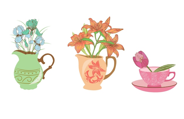 set of vector drawing kettle with bouquet of flowers