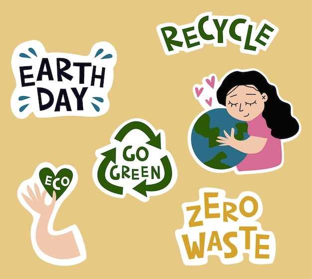 A set of vector eco stickers with go green save the planet ecology zero waste eco