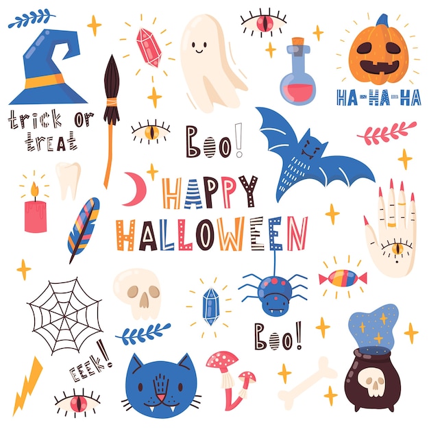 Set of vector elements for Halloween with letterig.  Pumpkin, poison, witches broom, candy, boo.