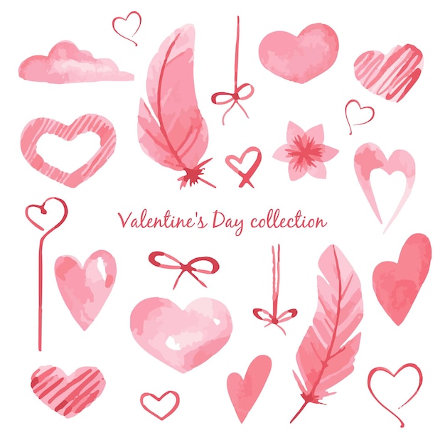 Set of vector elements for valentine's day. Pink hearts and bows.