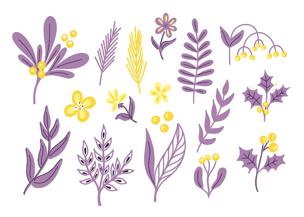 A set of vector elements with purple and yellow leaves abstract flowers twigs in a flat handmade style