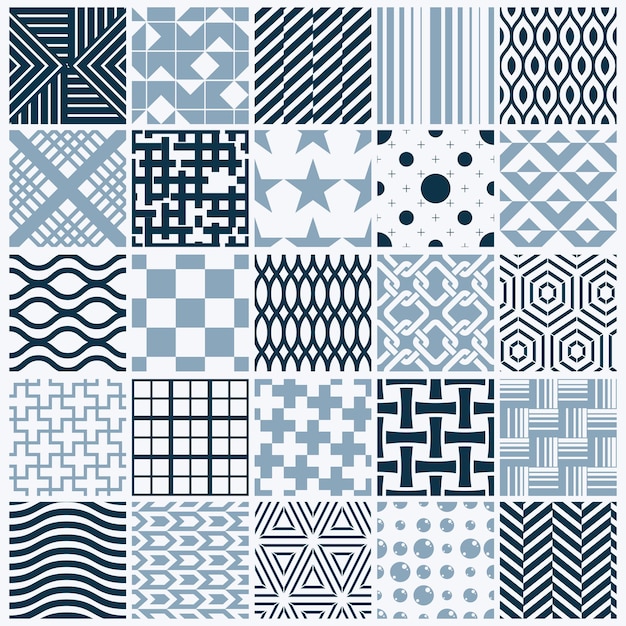 Set of vector endless geometric patterns composed with different figures like rhombuses, squares and circles. Graphic ornamental tiles made in black and white colors.