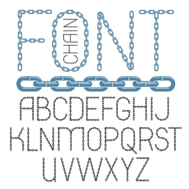 Set of vector English alphabet letters isolated. Capital decorative font created using chrome chain, linkage.