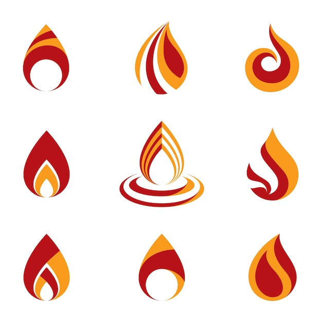 Set of vector fire illustrations, hot burning flame symbols best for use as petrol and gas advertising metaphor.