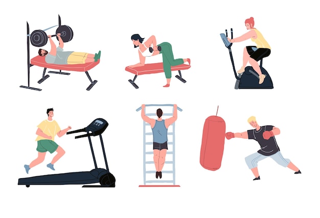 Set of vector flat cartoon characters enjoy sport activities at fitness gym.