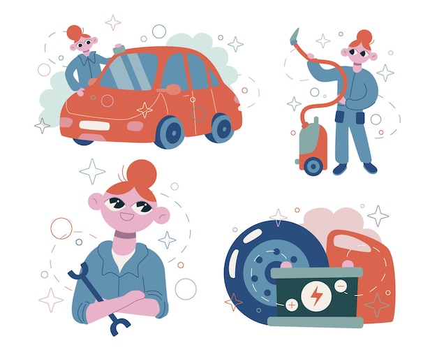 Set vector flat cute cartoon illustrations Car service The mechanic takes care of the car