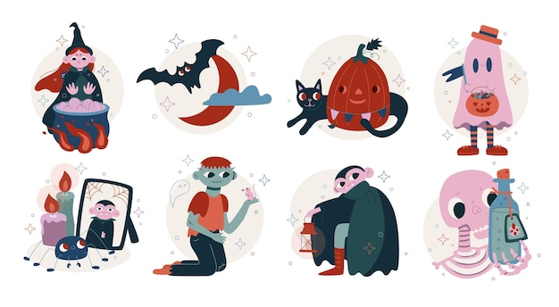 Set vector flat cute cartoon illustrations Halloween illustrations