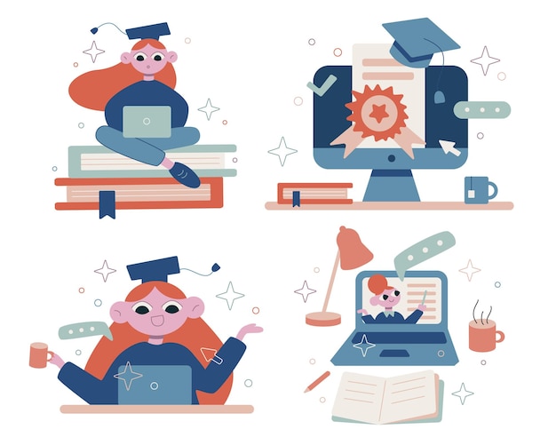 Set vector flat cute cartoon illustrations Studying online Distance education Online teacher