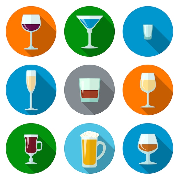 Set of vector flat design alcohol glasses icons