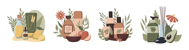 Vector set of vector flat hand drawn compositions with organic skincare products