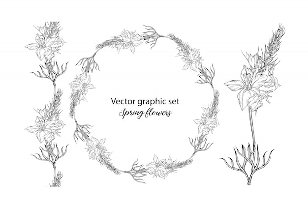 Set of vector floral black and white compositions